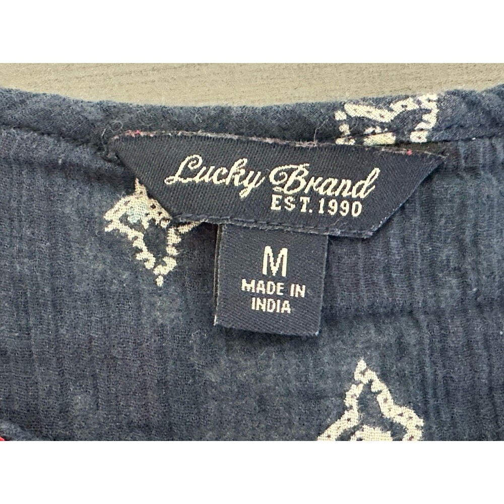 Lucky Brand Tank Top M Sleeveless Navy Embroidered Boho Festival Peasant Shirt - Picture 5 of 7